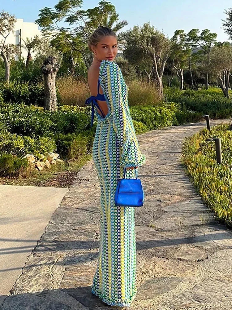 🌺 Robe Longue Tricotée Dos Nu – Style Bohème