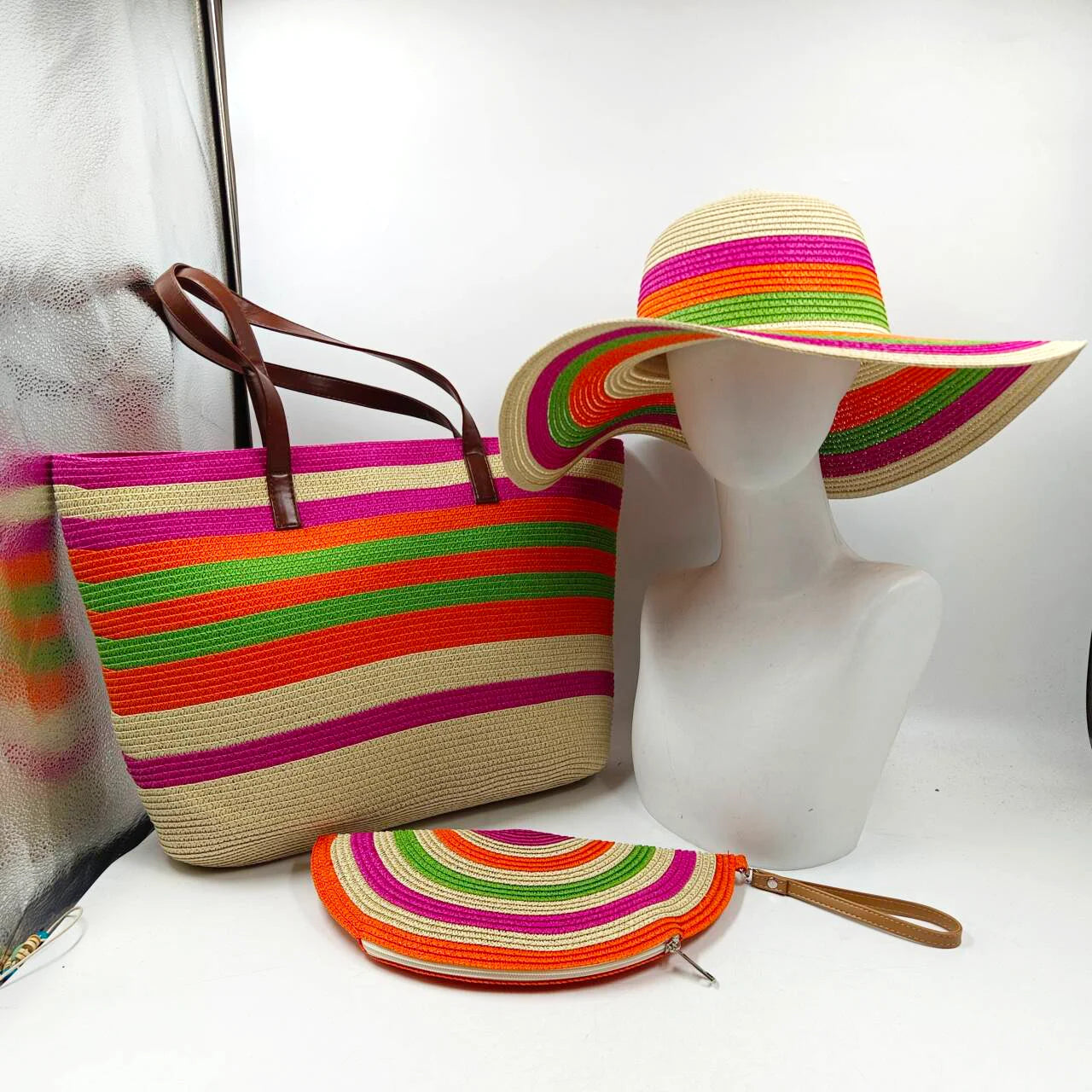 Set chapeau & sac paille bleu été 2025