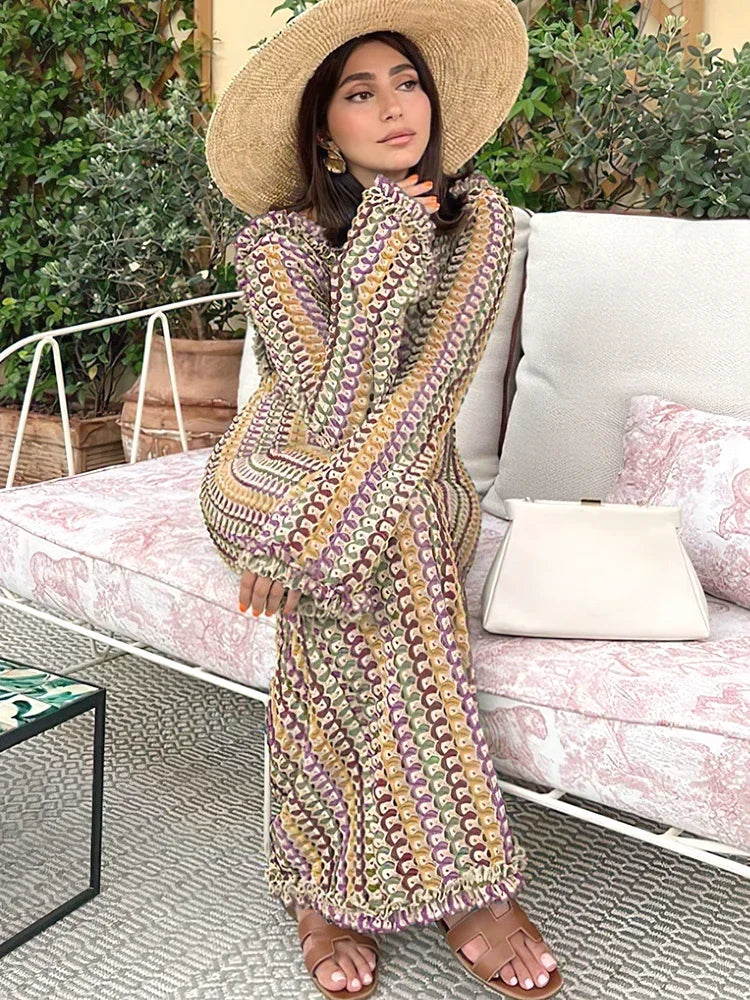 🌺 Robe Longue Tricotée Dos Nu – Style Bohème
