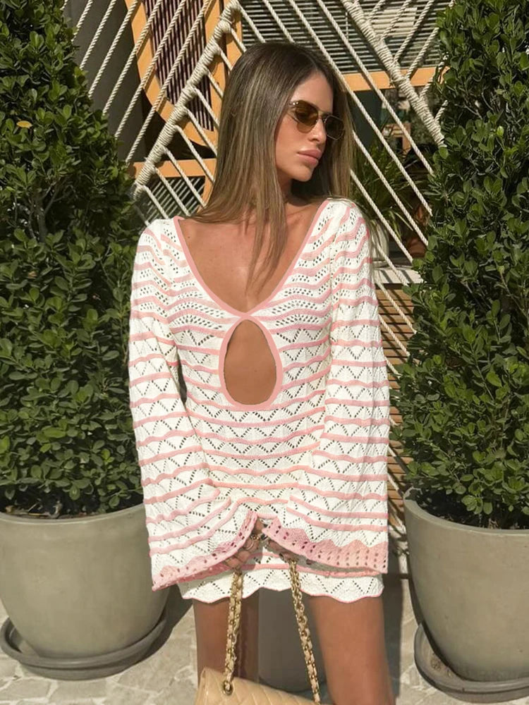 🌴 Robe Courte Tricotée Rayée – Style Bohème Chic