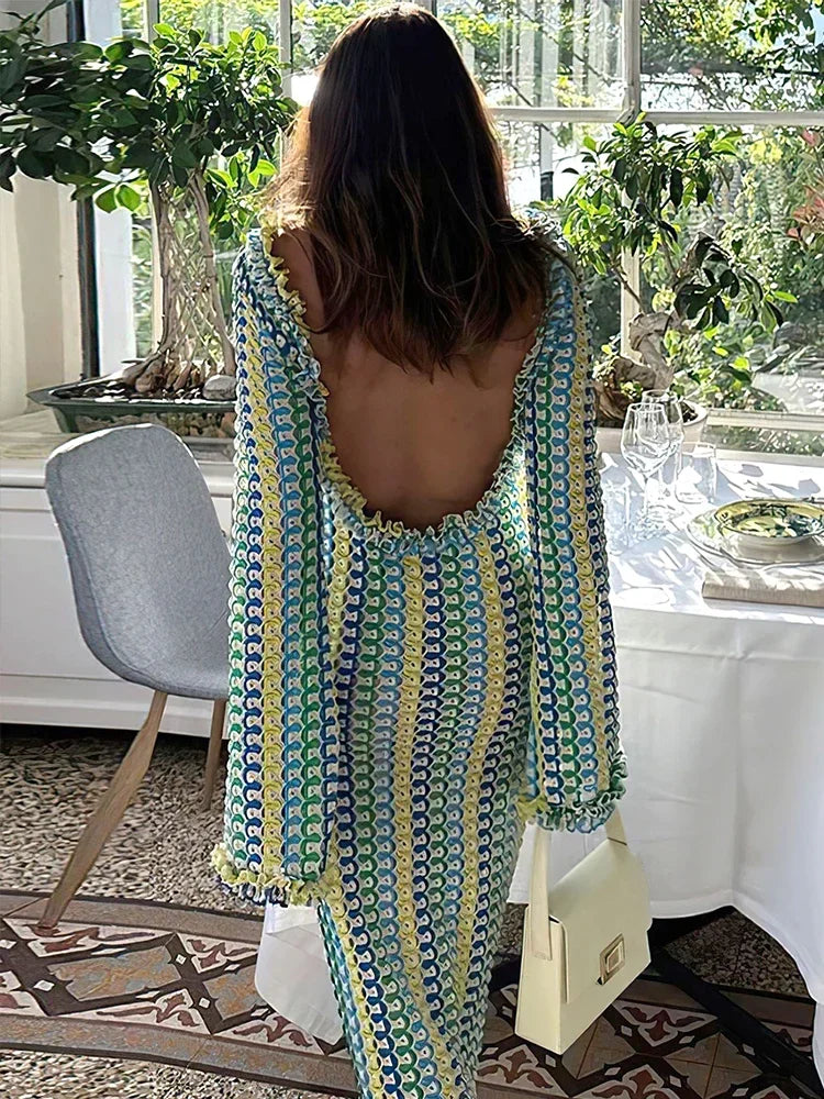 🌺 Robe Longue Tricotée Dos Nu – Style Bohème