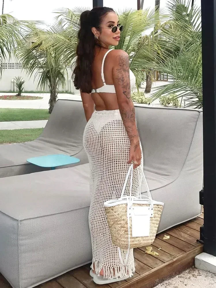 🌴 Jupe de Plage Tricotée à Franges – Coupe Asymétrique & Cordon Réglable